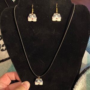 Handcrafted black satin cord with grey and white kitty face jewelry set